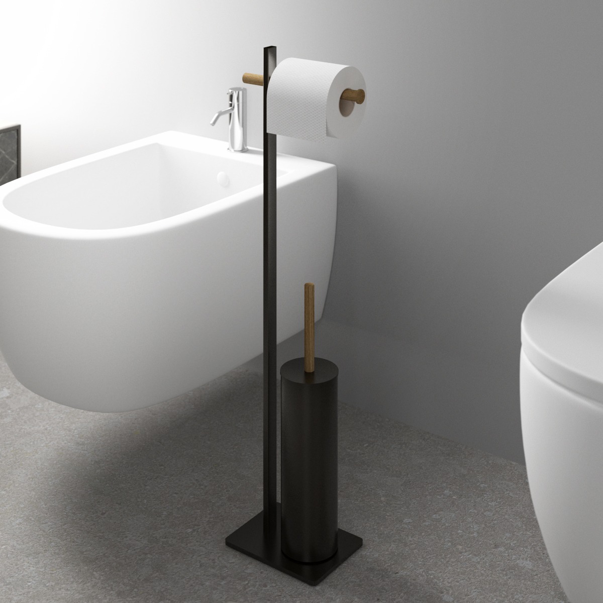 LINEA ROLLE - PIANTANA PORTA ROTOLO E PORTA SCOPINO NERO OPACO E LEGNO