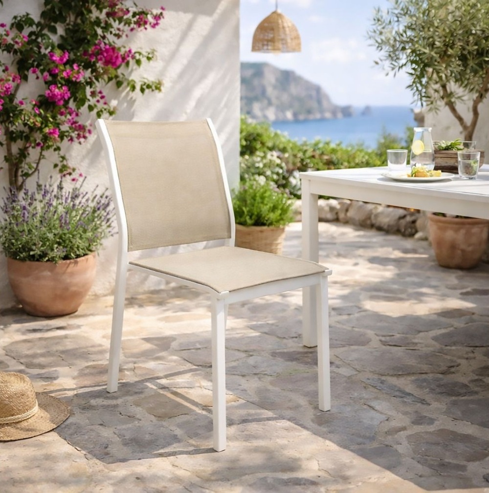 SEDIA DA ESTERNO MOD. ESSENTIA BIANCA E TEXTILENE BEIGE