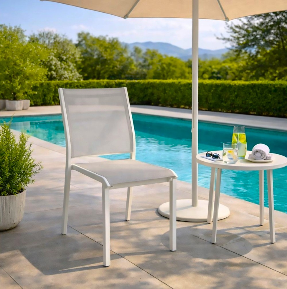 SEDIA DA ESTERNO MOD. ESSENTIA BIANCA E TEXTILENE GRIGIO CHIARO