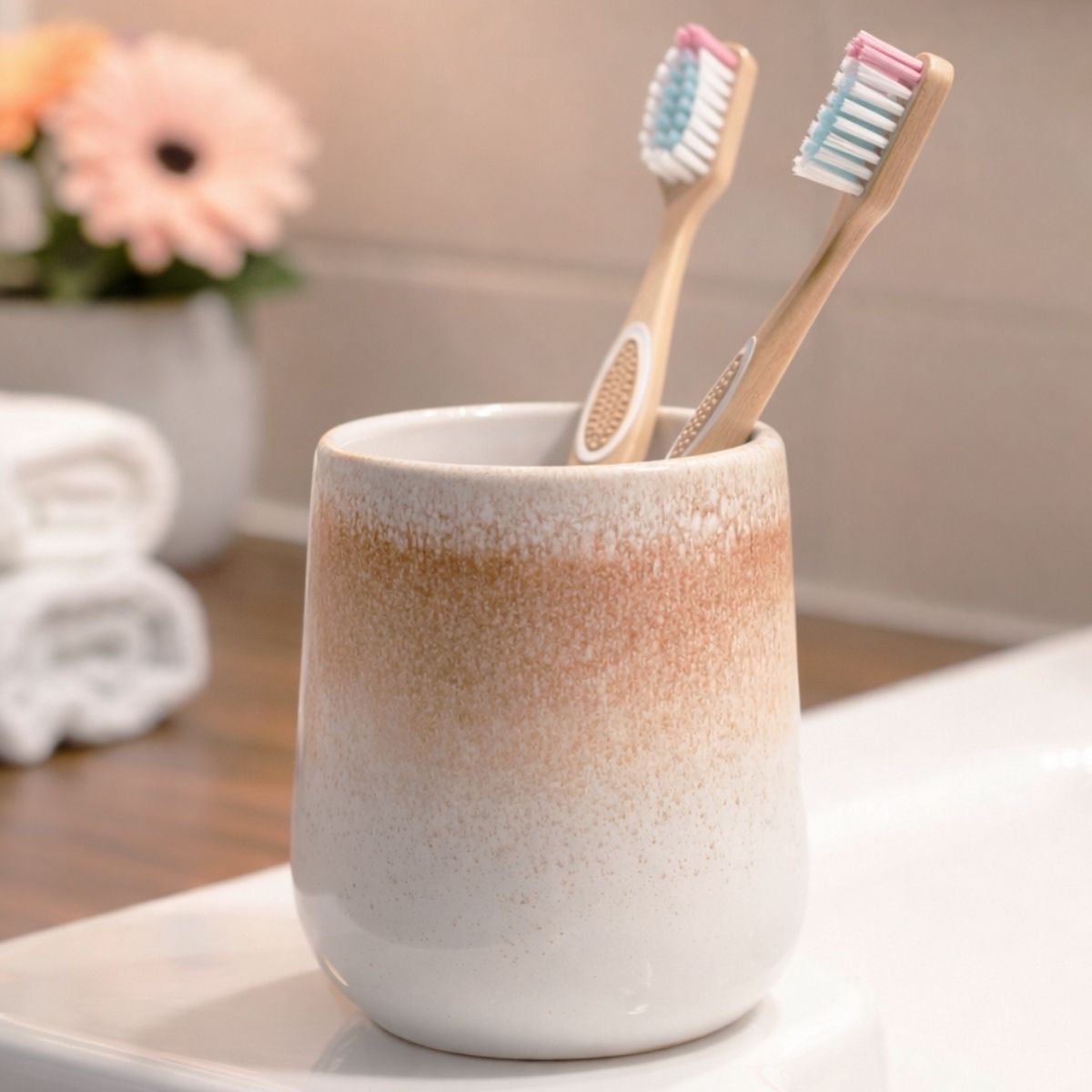 BICCHIERE PORTASPAZZOLINI IN CERAMICA BIANCA SFUMATO ARANCIO