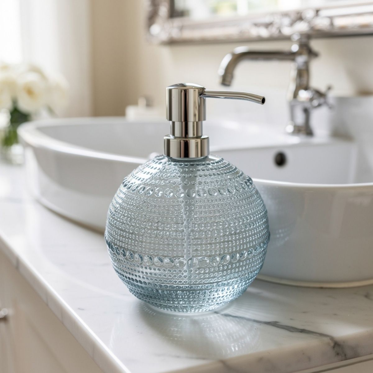 DISPENSER SAPONE IN VETRO BLU TRASPARENTE