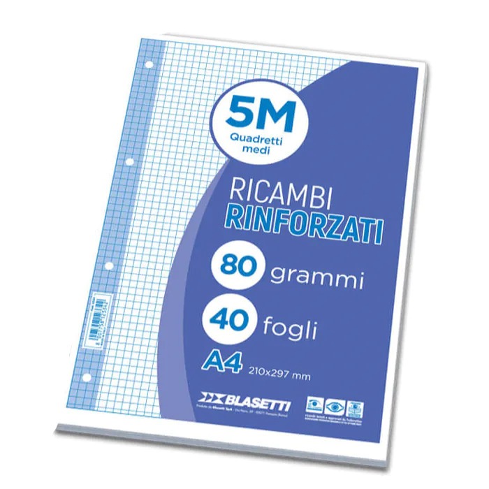 CONFEZIONE 40 FOGLI RICAMBI RINFORZATI A5 QUADRETTI