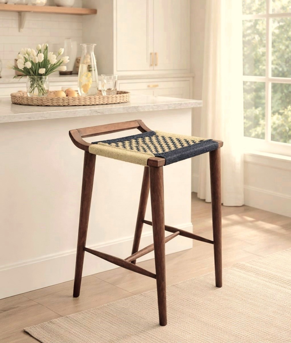 SGABELLO IN LEGNO DI TEAK E CORDA BICOLORE BEIGE/ANTRACITE