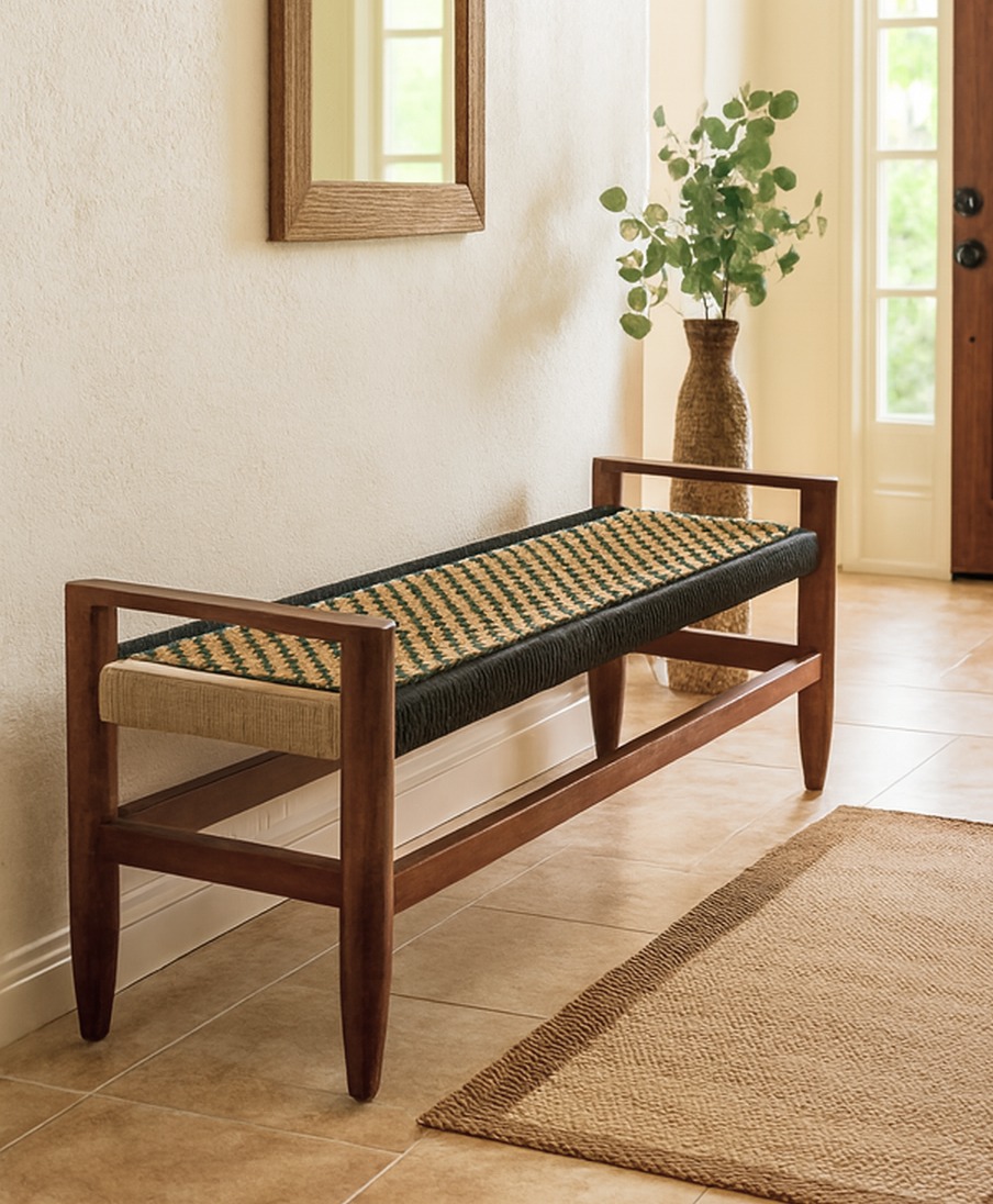 PANCA CM 118X40 H.45 IN LEGNO DI TEAK E CORDA BICOLORE BEIGE/ANTRACITE