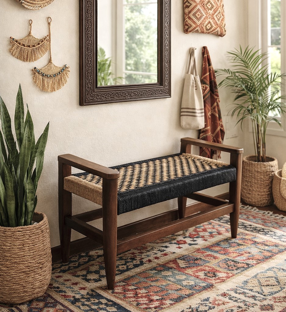 PANCA CM 60X40 H.45 IN LEGNO E CORDA BICOLORE BEIGE/ANTRACITE