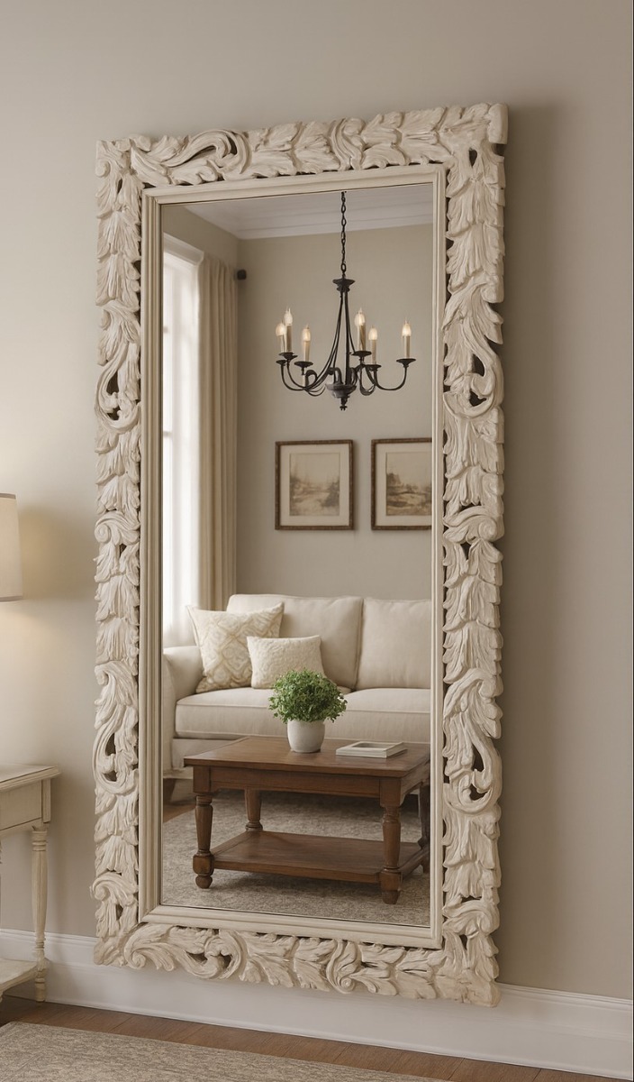 SPECCHIO RETTANGOLARE CM 70X140 IN LEGNO CON CORNICE INTAGLIATA BIANCA