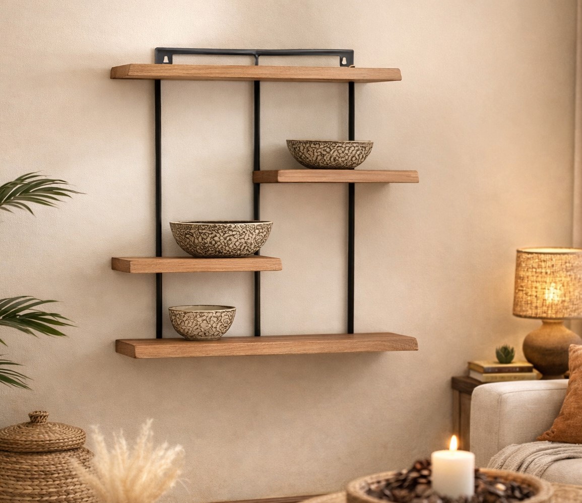 MENSOLA DA MURO 4 RIPIANI CM 70X25 H.80 IN METALLO E LEGNO DI ACACIA