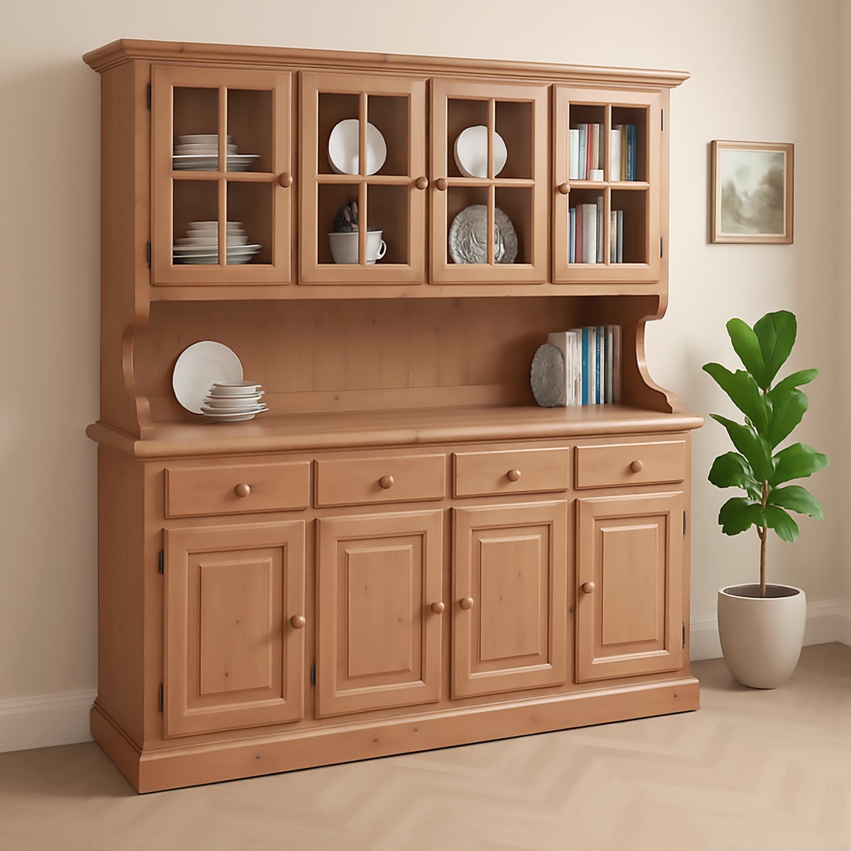 CRISTALLIERA MOD. LOSANNA IN LEGNO DI PINO CM 192X43 H. 195 TINTA MIELE