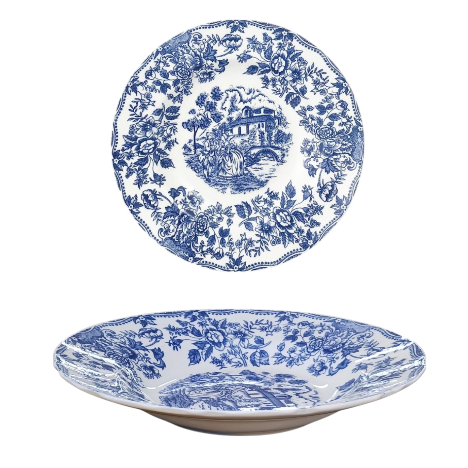 PIATTO FONDO INGLESE IN PORCELLANA BIANCO CON DECORO BLU DIAM. 24CM