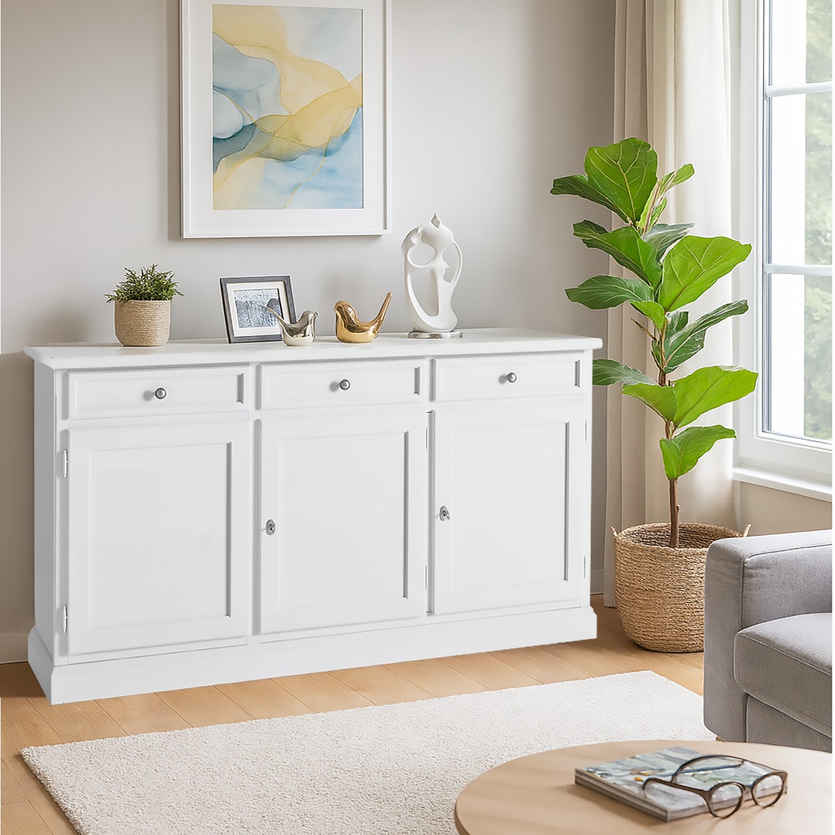 CREDENZA IN LEGNO MASSELLO CM 155X42 H. 86 LACCATO BIANCO