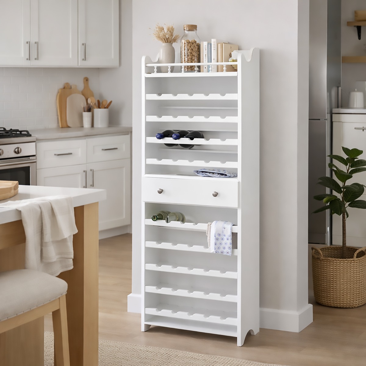 PORTA BOTTIGLIE IN LEGNO MASSELLO CM 70X30 H. 174 LACCATO BIANCO