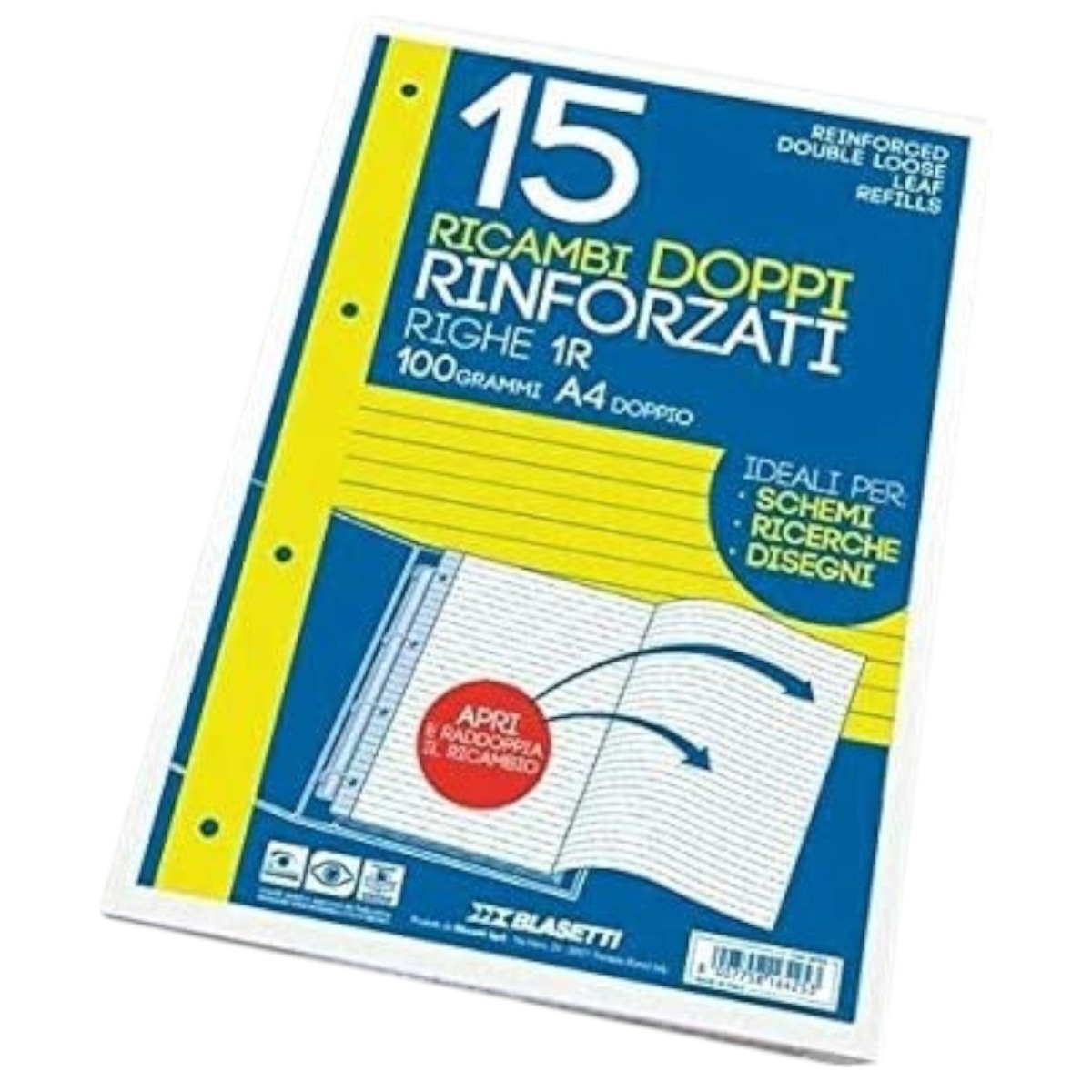 CONFEZIONE 15 FOGLI RICAMBI RINFORZATI DOPPIO A4 RIGHE 