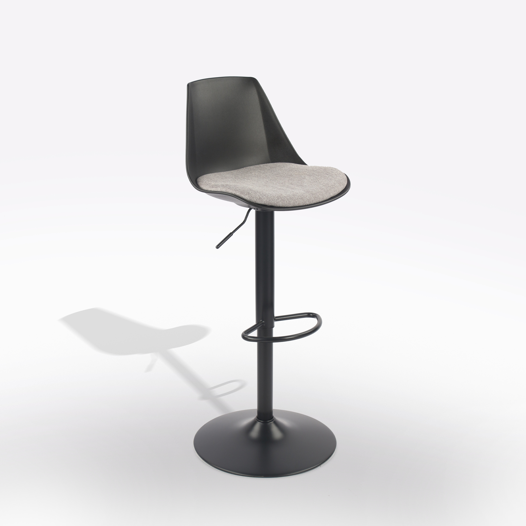 SGABELLO NERO CON SEDUTA IN TESSUTO GRIGIO
