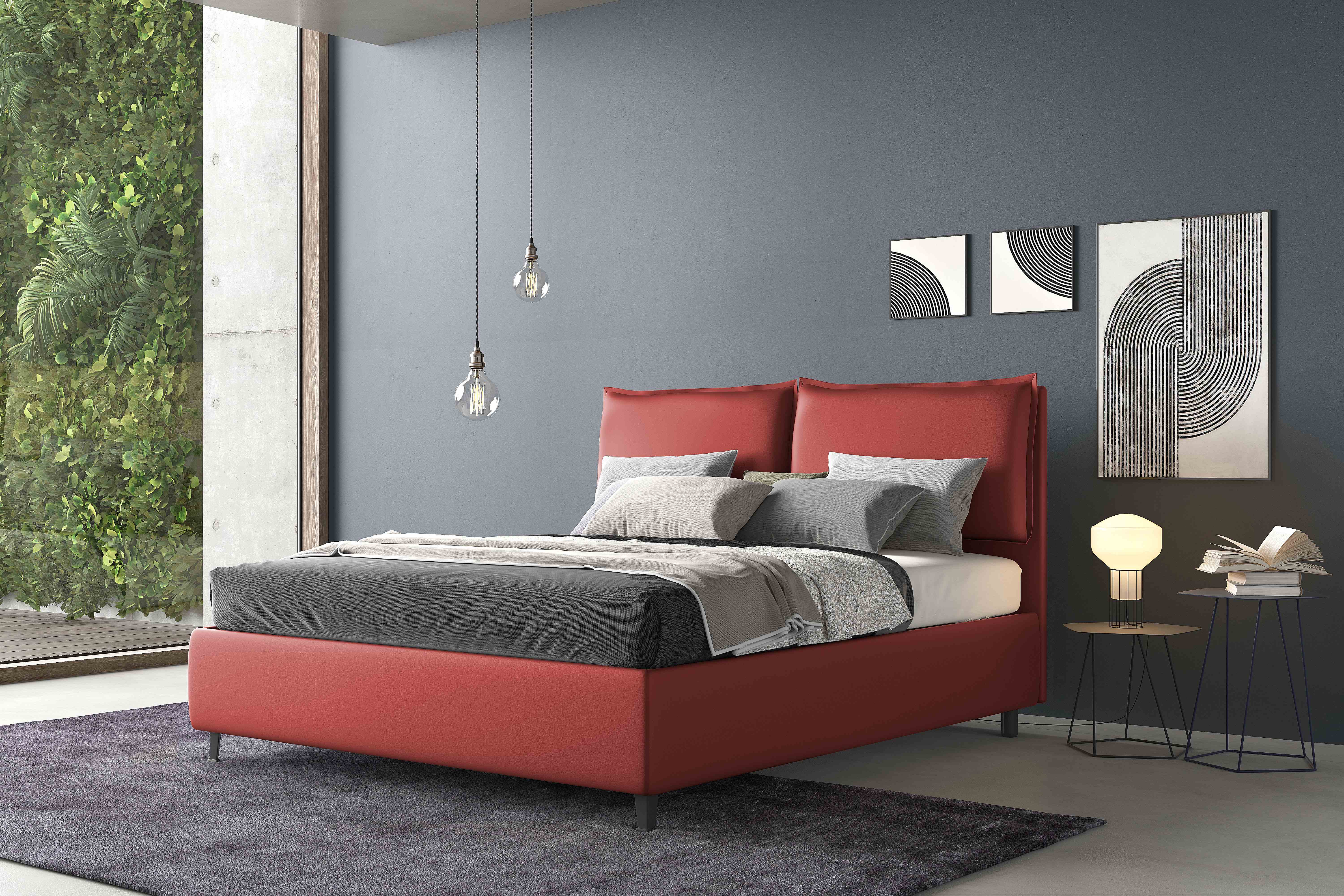 LETTO MATRIMONIALE CON CONTENITORE IN ECOPELLE ROSSA