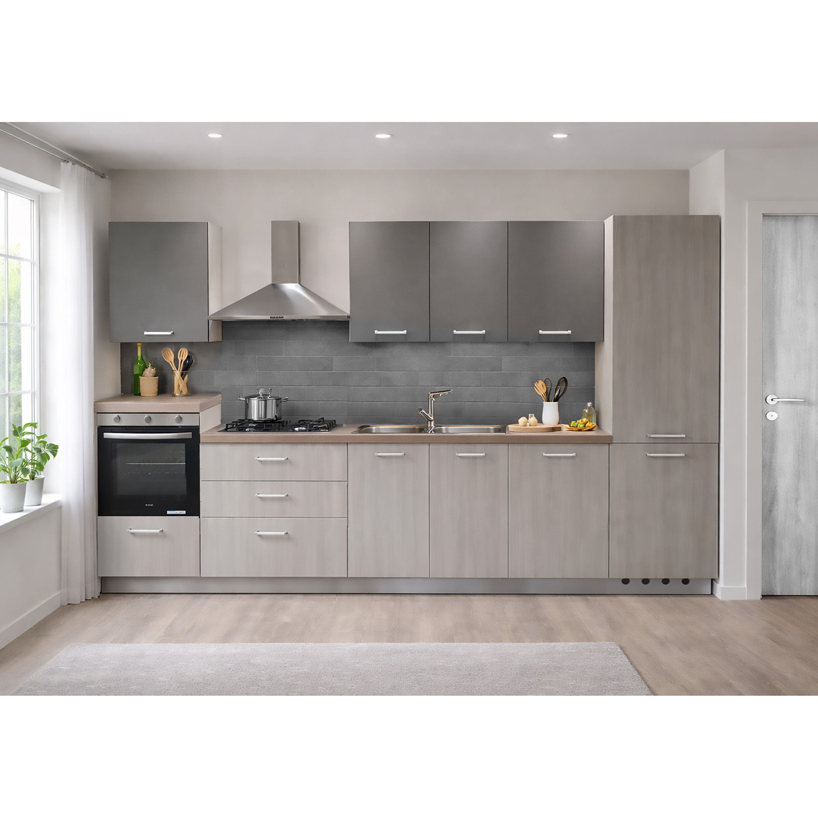 CUCINA MOD. IDEA CM 360X60 H.216 OLMO GRIGIO E UTOPIA PIOMBO VERSIONE DESTRA