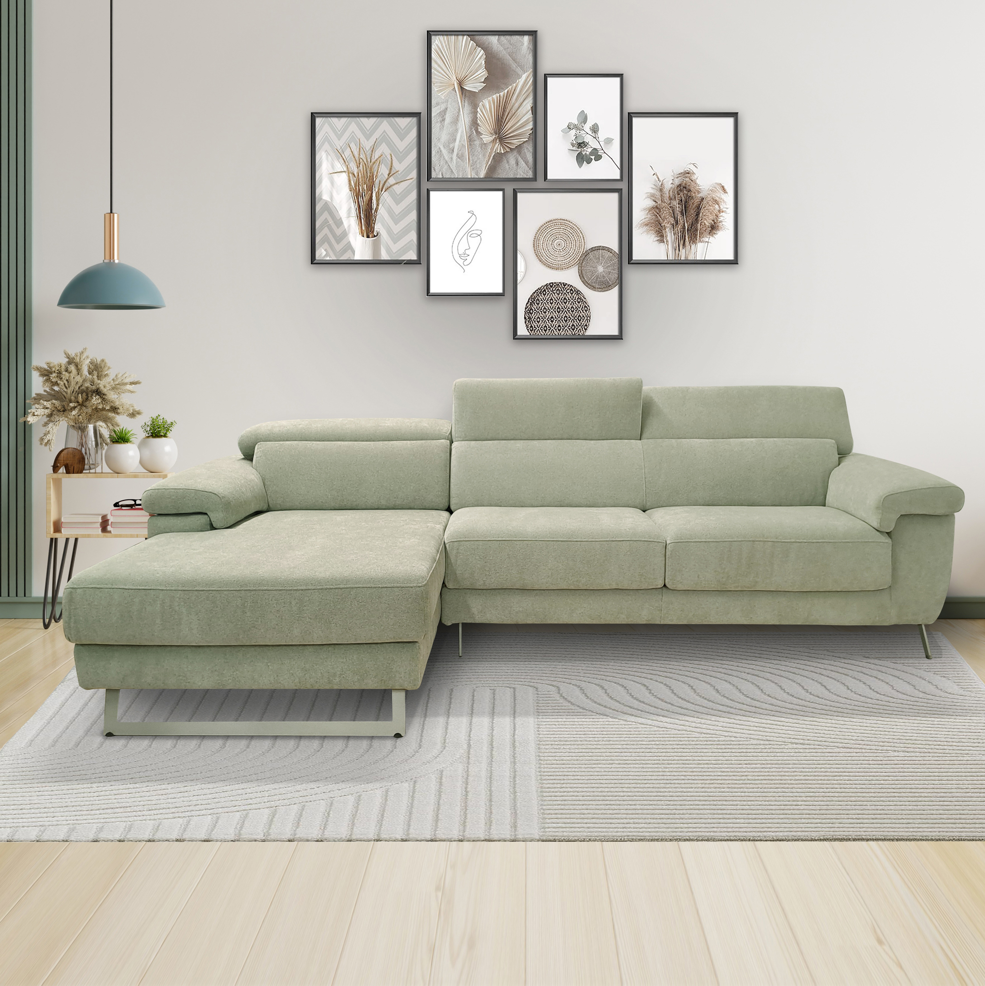 SALOTTO MOD. BRADLEY PENISOLA SX E SEDUTE ESTRAIBILI IN TESSUTO VERDE ACQUA