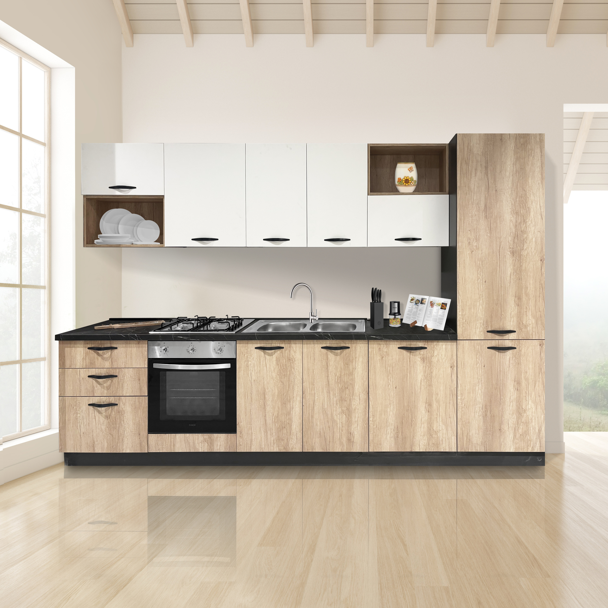 CUCINA MOD. MIRA CM 330X60 H. 216 NEBRASKA E BIANCO OPACO VERSIONE DESTRA