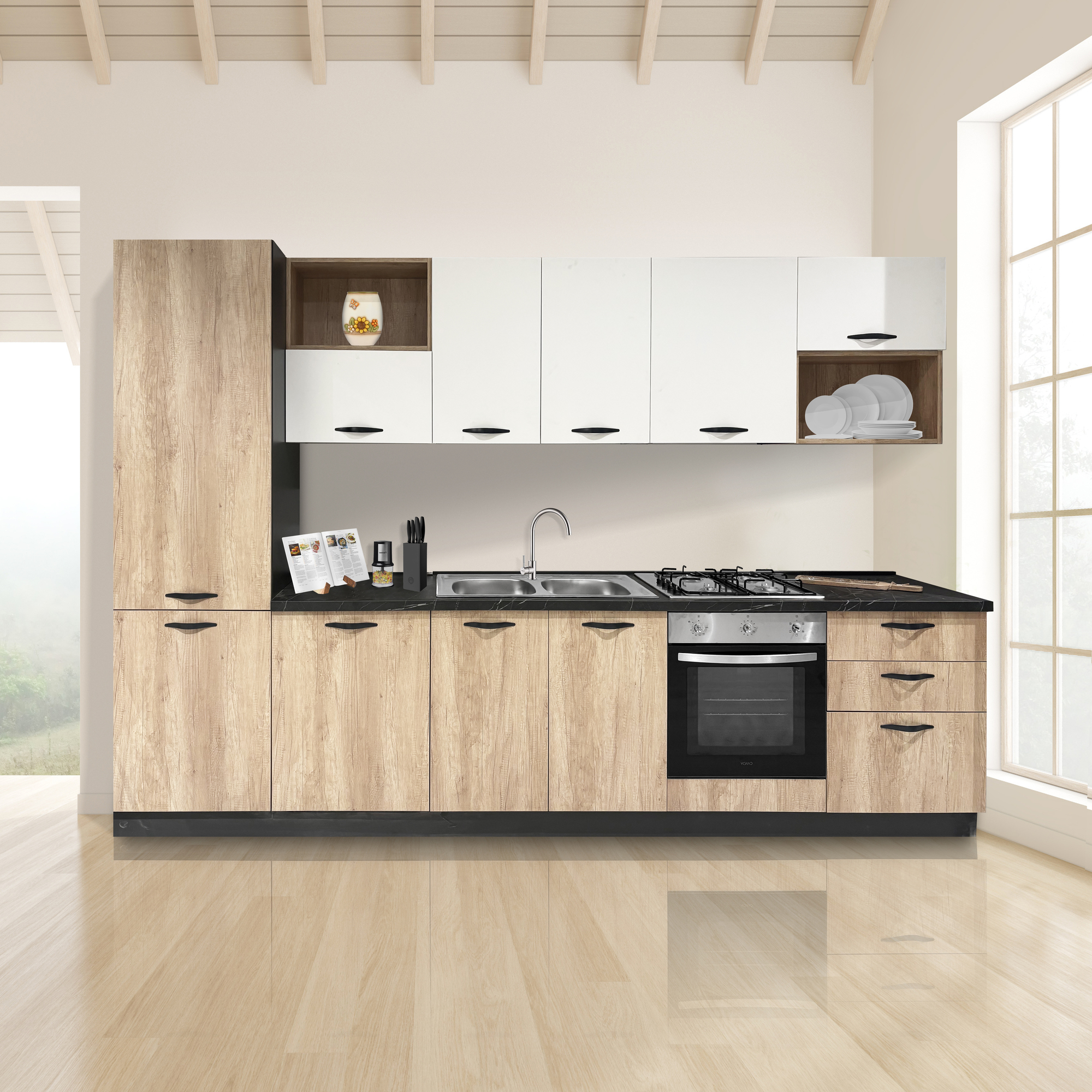 CUCINA MOD. MIRA CM 330X60 H. 216 NEBRASKA E BIANCO OPACO VERSIONE SINISTRA