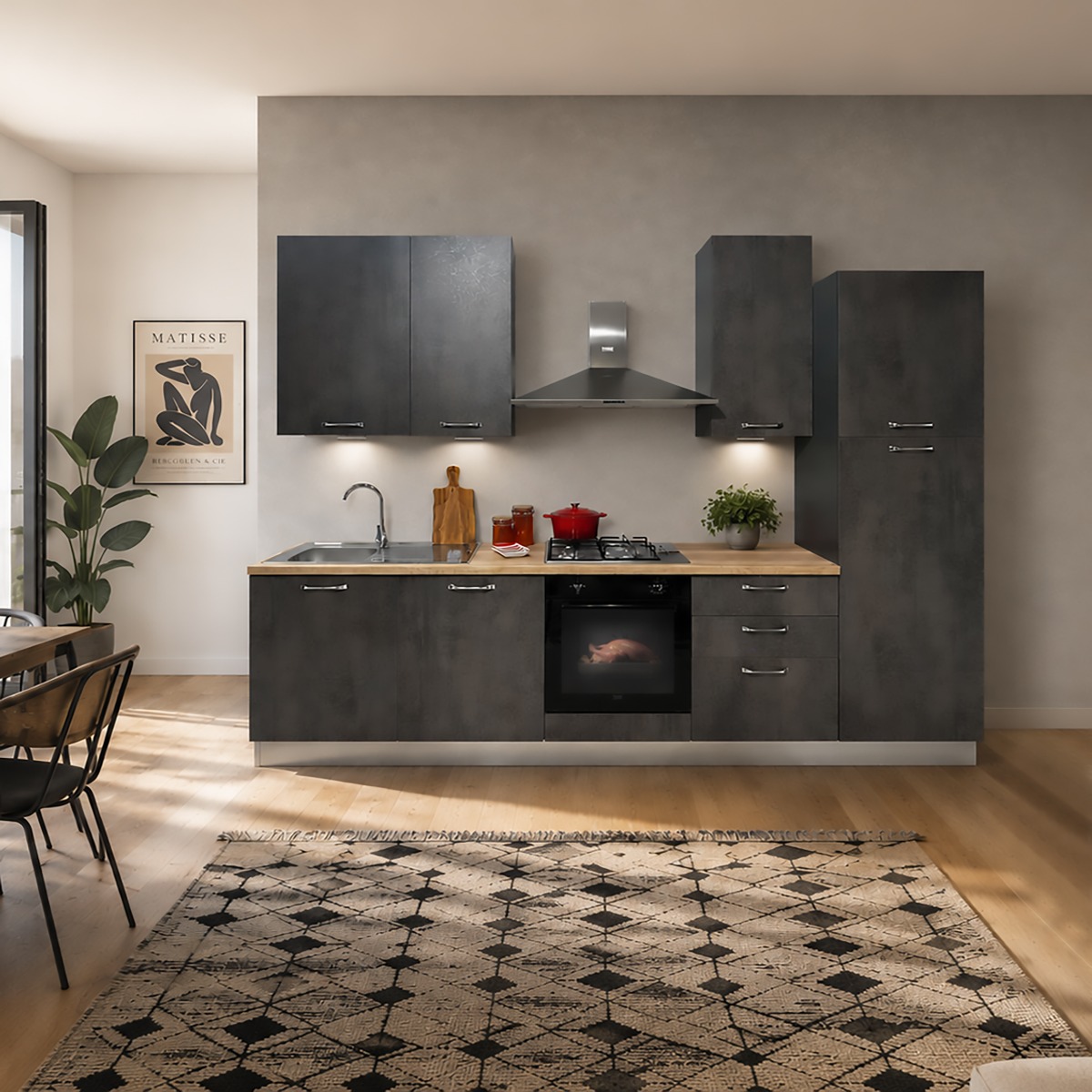 CUCINA MOD.MIRA COMP.LALLA CM 300X60 H 240 TUTTA CEMENTO ARDESIA VERSIONE DESTRA