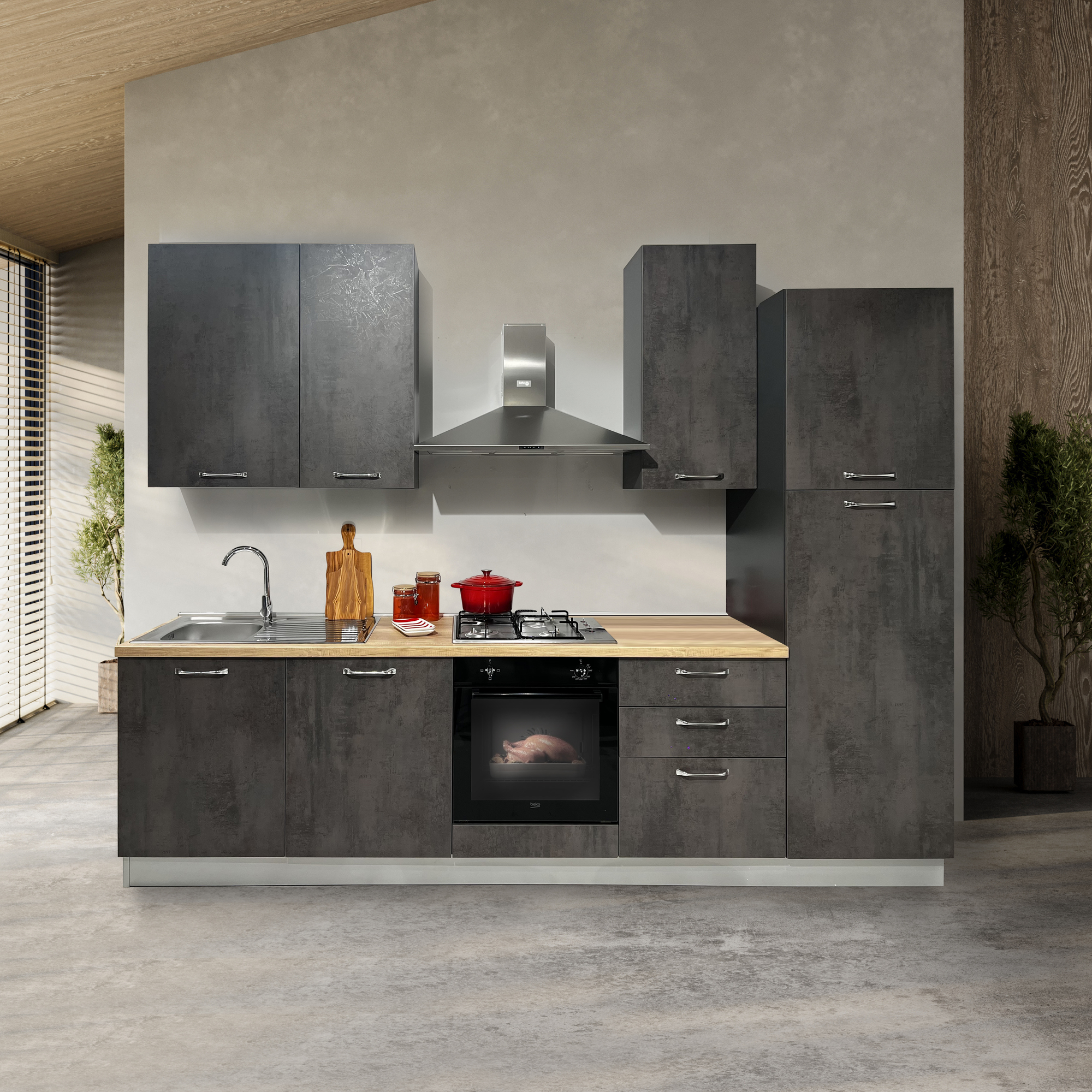 CUCINA MOD.MIRA COMP.LALLA CM 300X60 H 240 TUTTA CEMENTO ARDESIA VERSIONE DESTRA