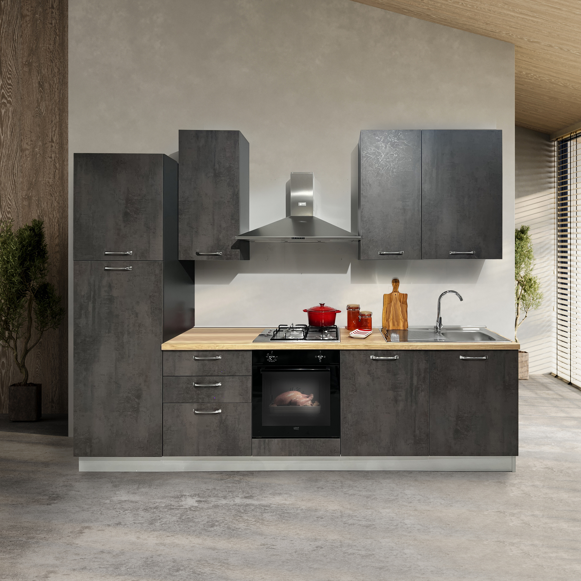 CUCINA MOD.MIRA COMP.LALLA CM 300X60 H 240 TUTTA CEMENTO ARDESIA VERSIONE SINISTRA