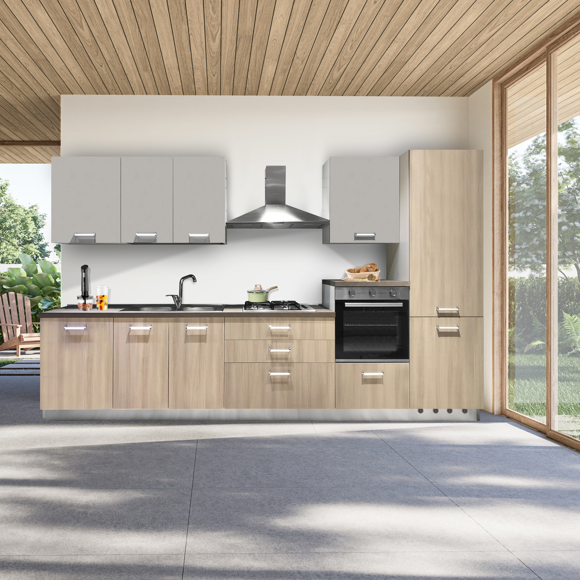 CUCINA MOD. IDEA CM 360X60 H. 216 LEGNO BEIGE E UTOPIA SETA VERSIONE DESTRA