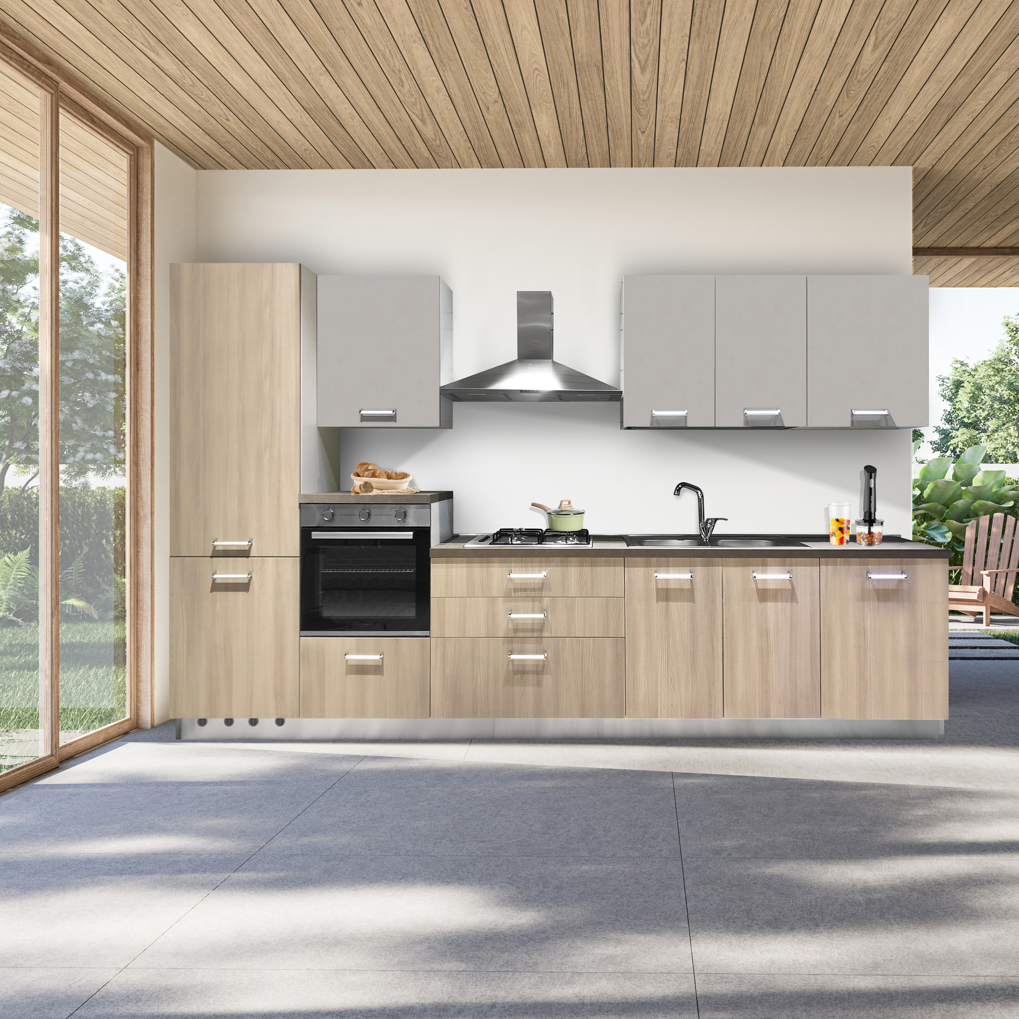 CUCINA MOD. IDEA CM 360X60 H. 216 LEGNO BEIGE E UTOPIA SETA VERSIONE SINISTRA