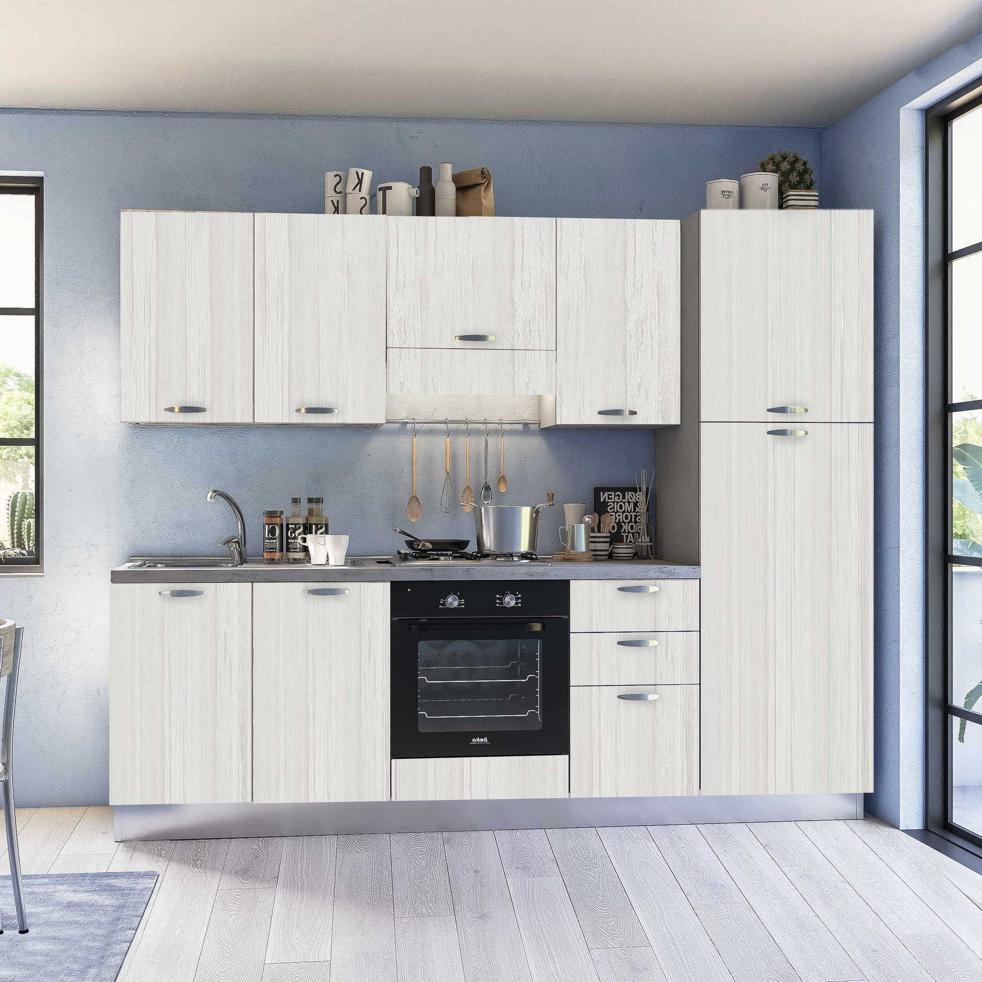CUCINA MOD. MIRA COMP. TEA CM 255X60 H. 216 ROVERE BIANCO VERSIONE DESTRA