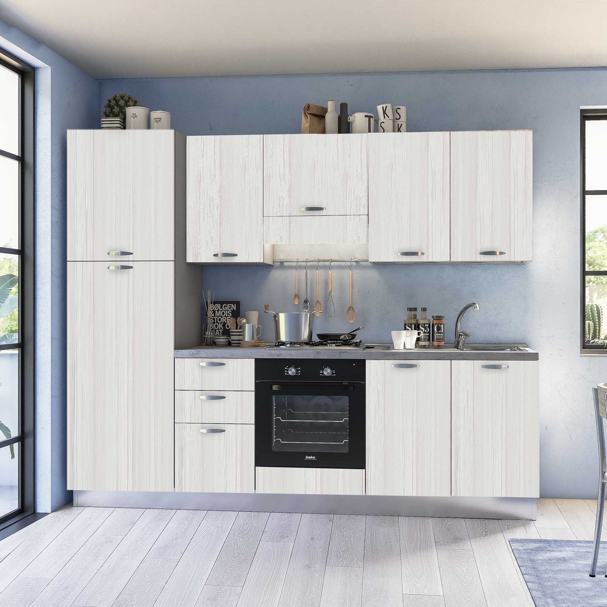 CUCINA MOD. MIRA COMP. TEA CM 255X60 H. 216 ROVERE BIANCO VERSIONE SINISTRA