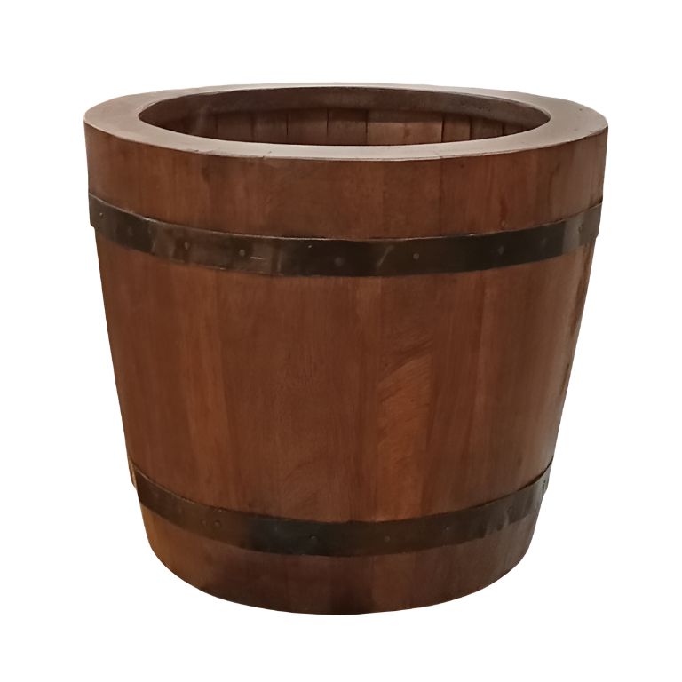 VASO CILINDRICO IN LEGNO CON DECORAZIONI IN FERRO DIAM. 29 H 24CM