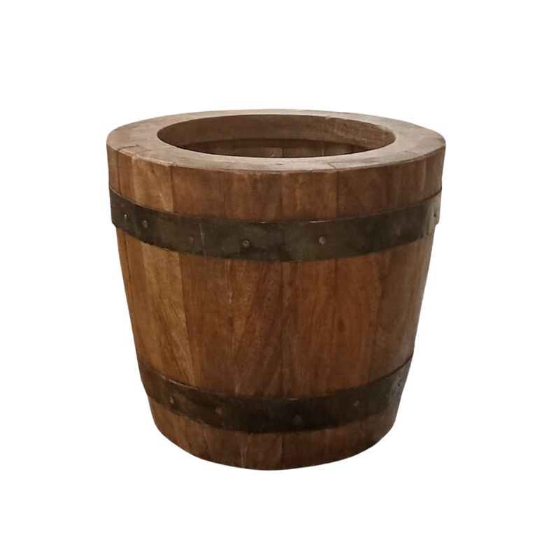 VASO CILINDRICO IN LEGNO CON DECORAZIONI IN FERRO DIAM. 18 H 15CM