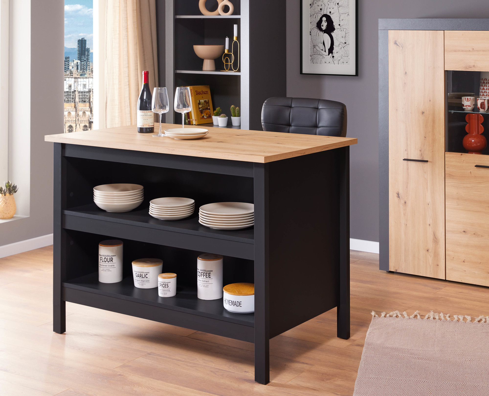 BANCONE MOD. HELINA CM 124X75 H. 91.5 BLACK E ROVERE ARTISAN