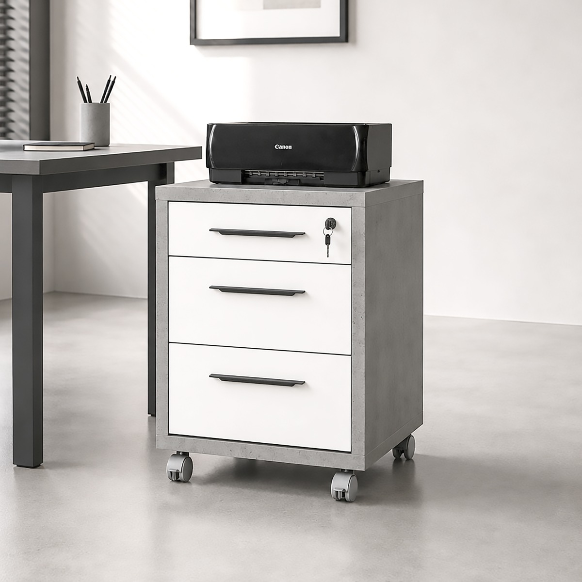 CASSETTIERA MOD. DISEGNO CM 49X45 H. 63 CEMENTO E BIANCO LUCIDO