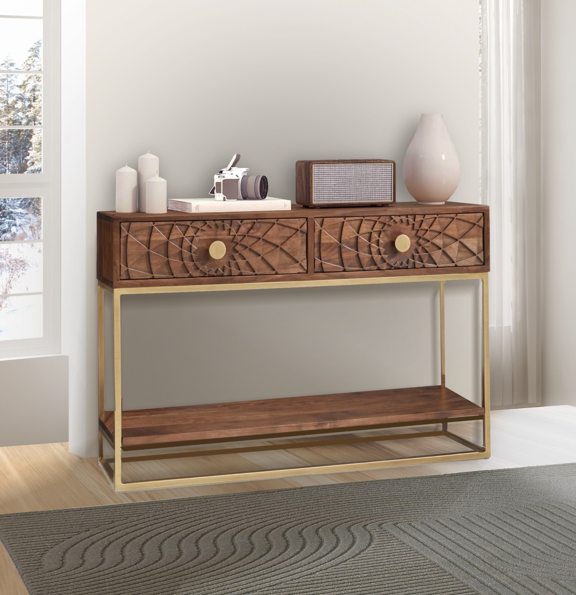 CONSOLLE MOD. SBJ-05 IN LEGNO DI ACACIA E METALLO