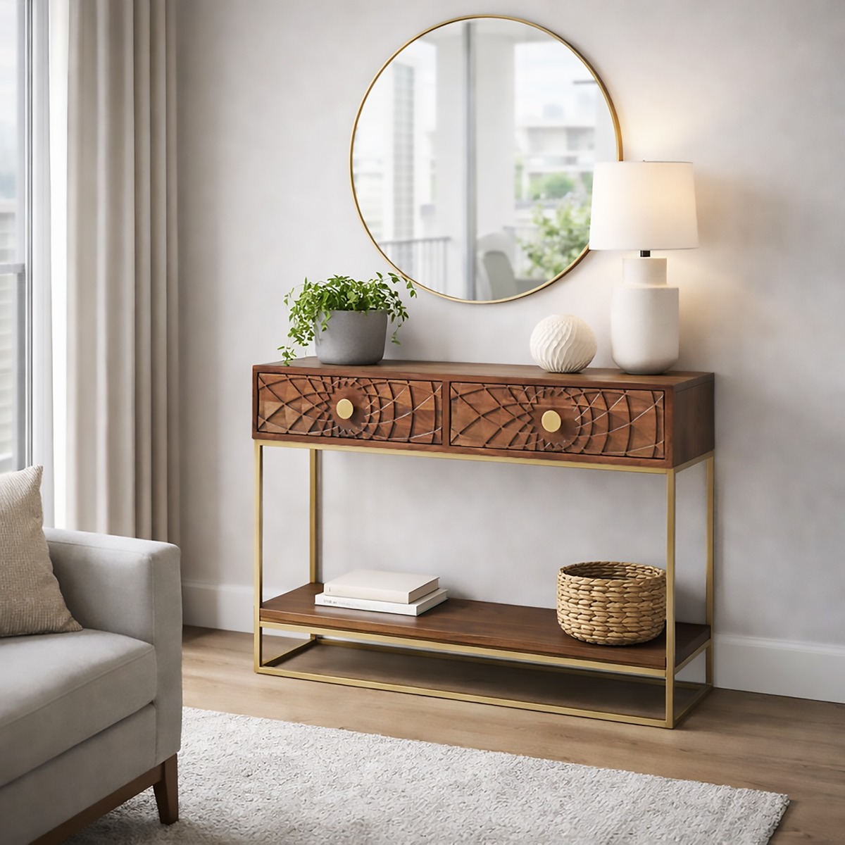 CONSOLLE MOD. SBJ-05 IN LEGNO DI ACACIA E METALLO