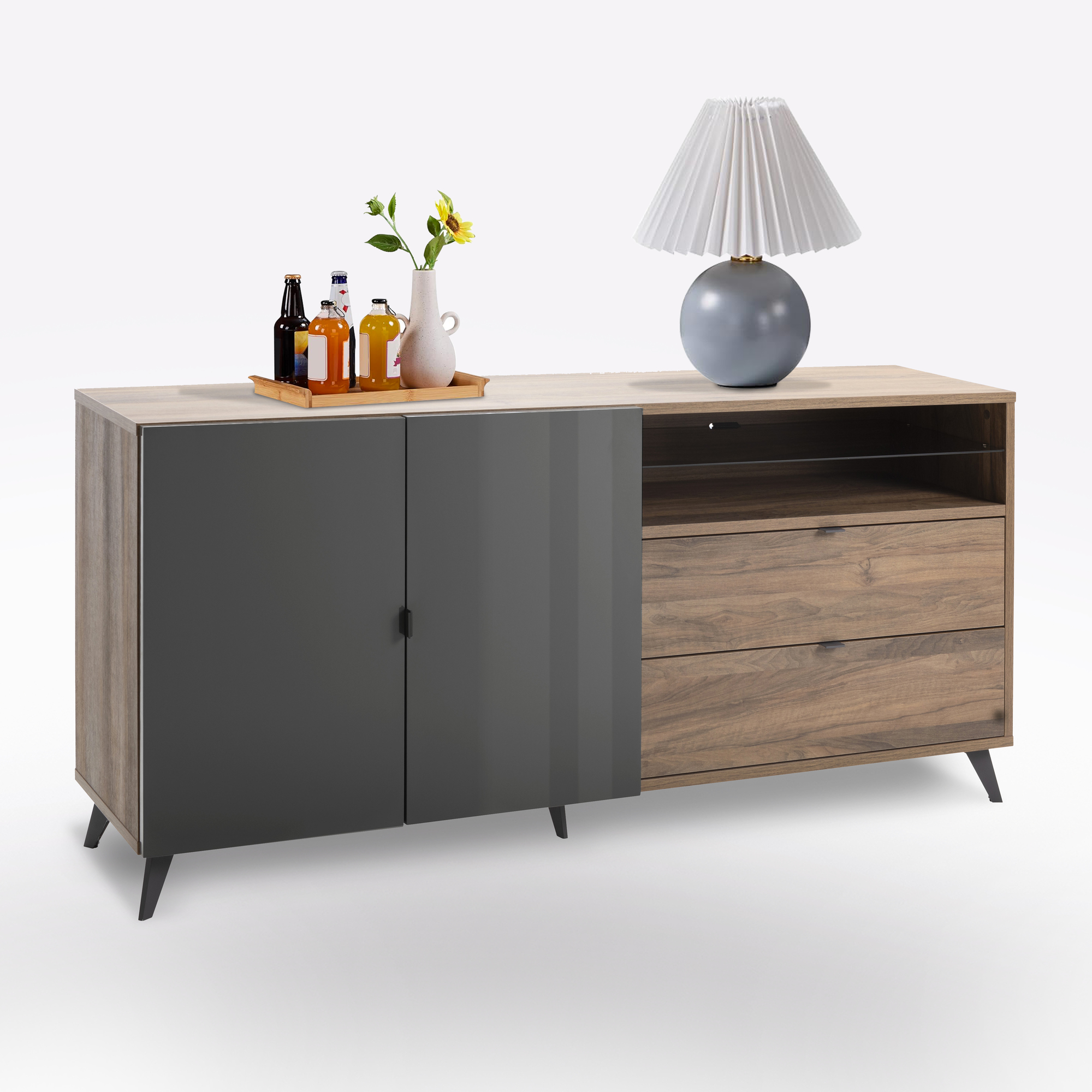 CREDENZA MOD. INFINITO CM 179.2X42.9 H. 85 NOCE BRERA E GRIGIO TITANIO LUCIDO