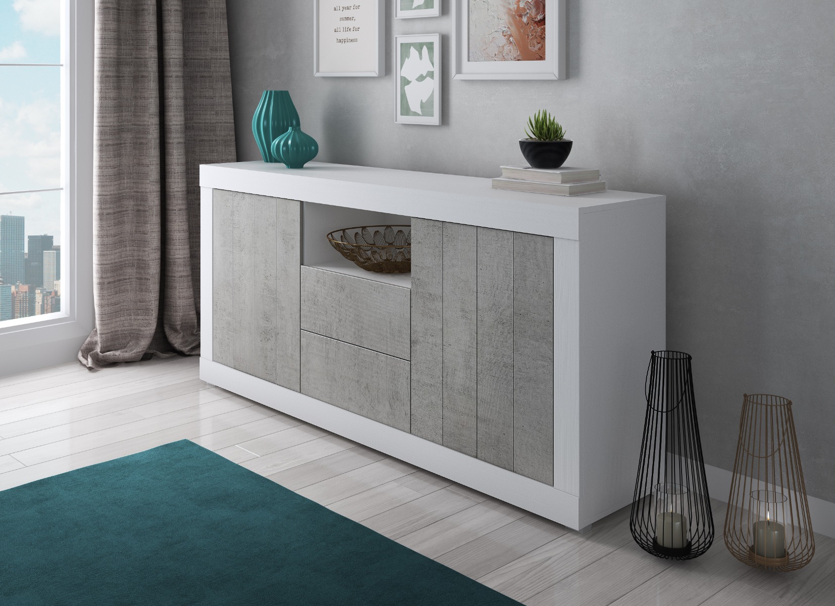 CREDENZA MOD. RAVEN CM 185X44 H. 86 BIANCO FRASSINATO E CEMENTO