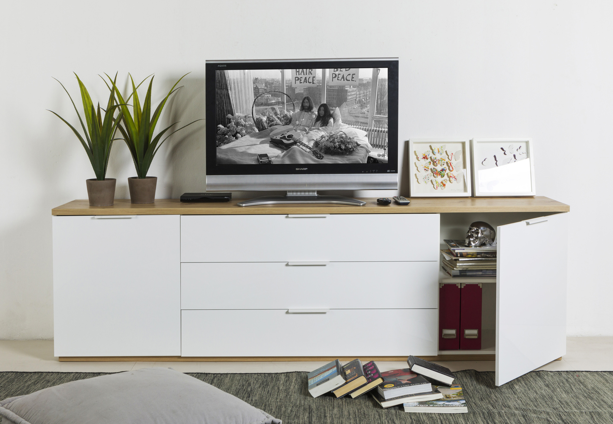 CREDENZA MOD. MUNDI CM 240X40.5 H. 73.4 BIANCO LUCIDO E ROVERE ARTISAN