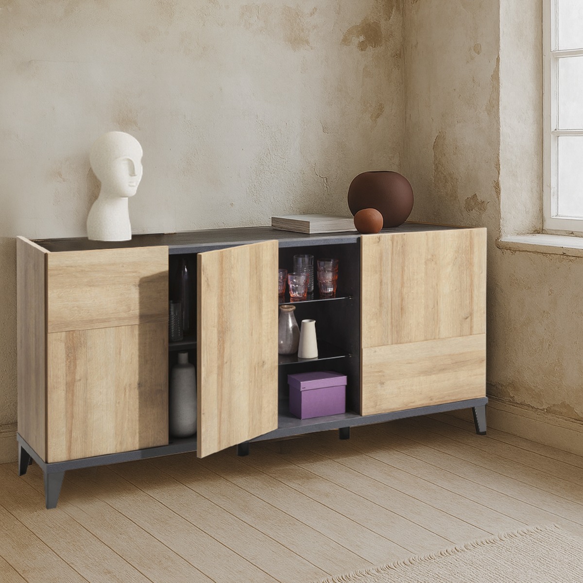 CREDENZA MOD. VITTORIA CM 180X45 H. 84 NERO PORTLAND E RIVIERA OAK