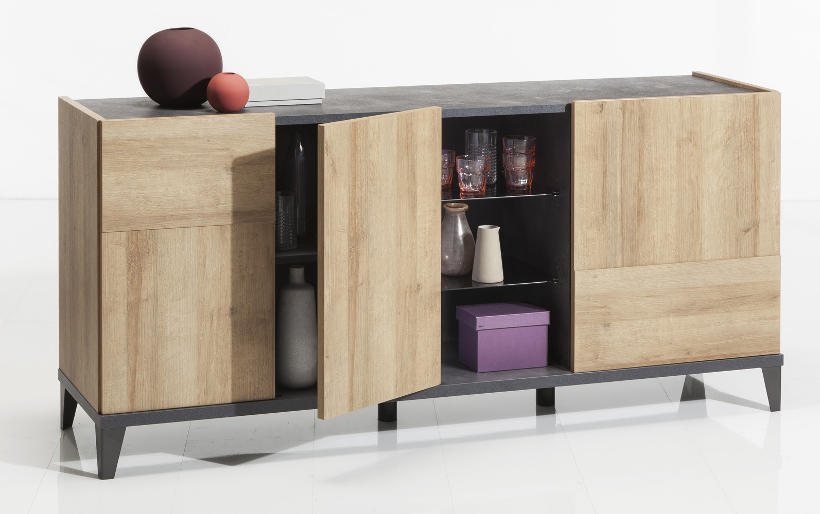 CREDENZA MOD. VITTORIA CM 180X45 H. 84 NERO PORTLAND E RIVIERA OAK