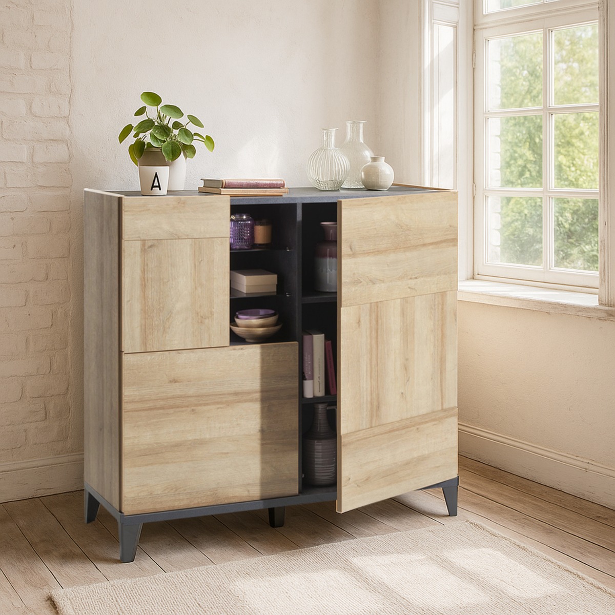 MADIA MOD. VITTORIA CM 120X45 H. 120 NERO PORTLAND E RIVIERA OAK