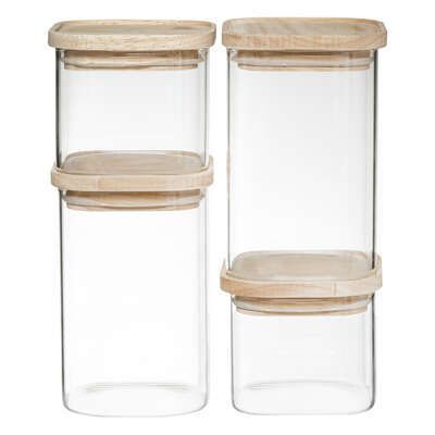 Set 4 Barattoli In Vetro Vintage Con Coperchio In Legno E Manico - 500ml, Ermetici, Per Dispensa, Caffè, Zucchero