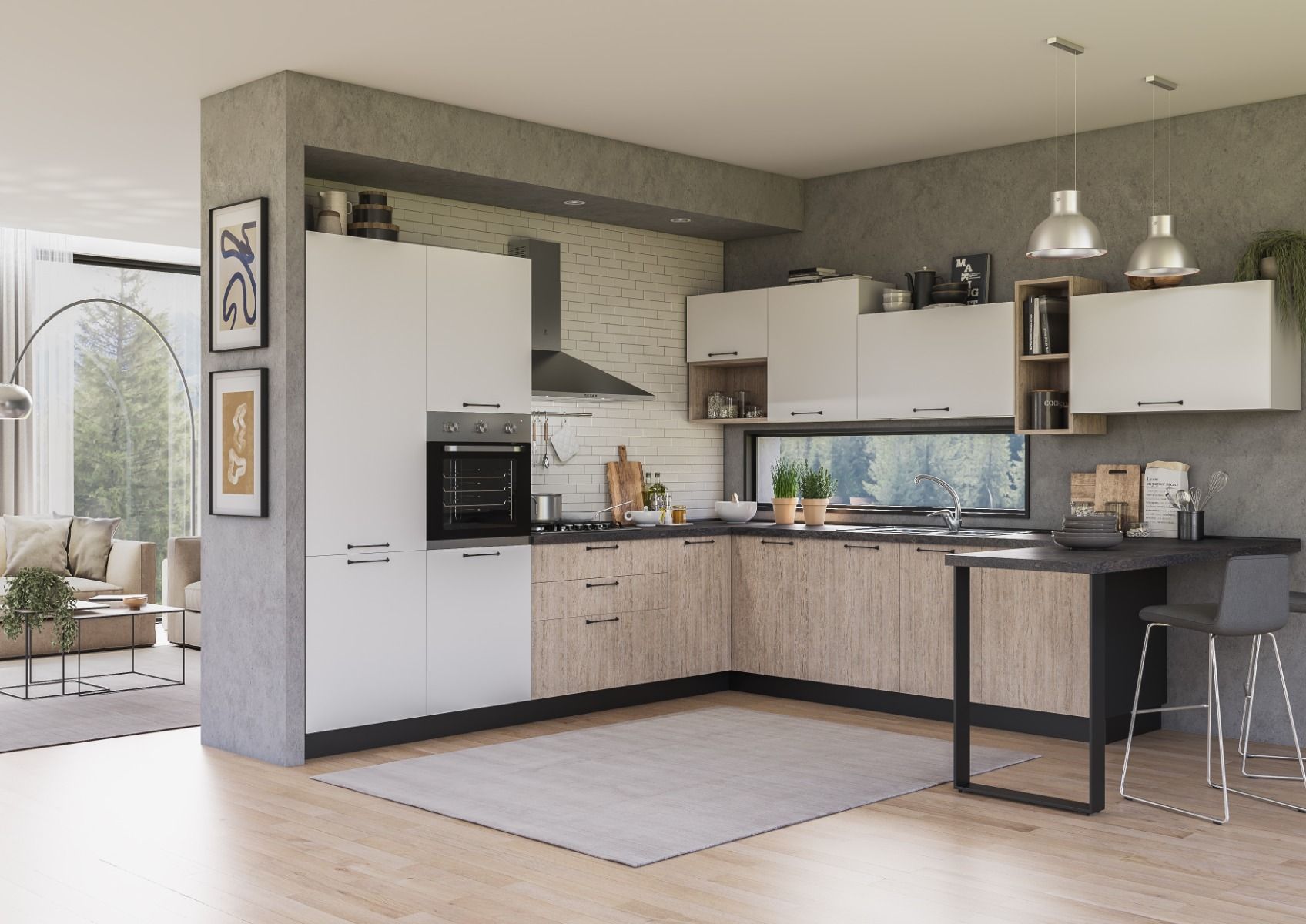 CUCINA COMPONIBILE MIRA OREGON E CEMENTO BIANCO