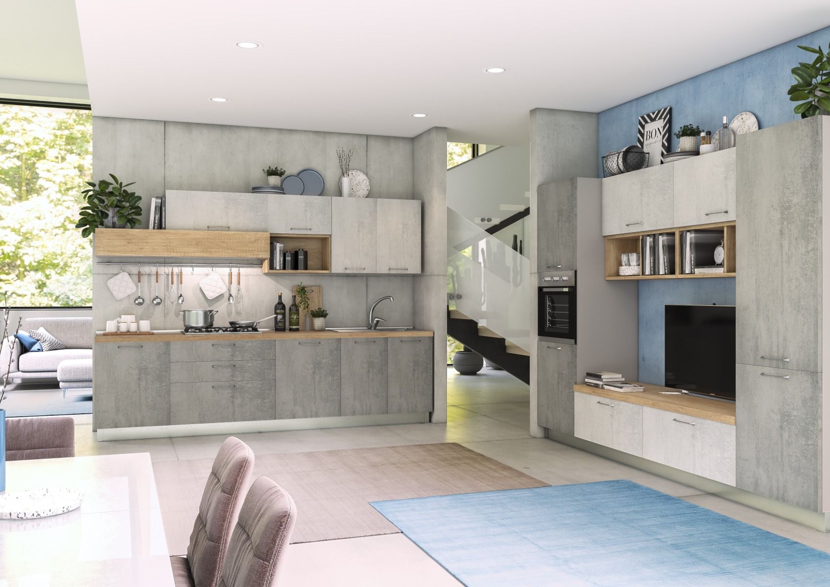 CUCINA COMPONIBILE MIRA CEMENTO FUMO E CEMENTO BIANCO