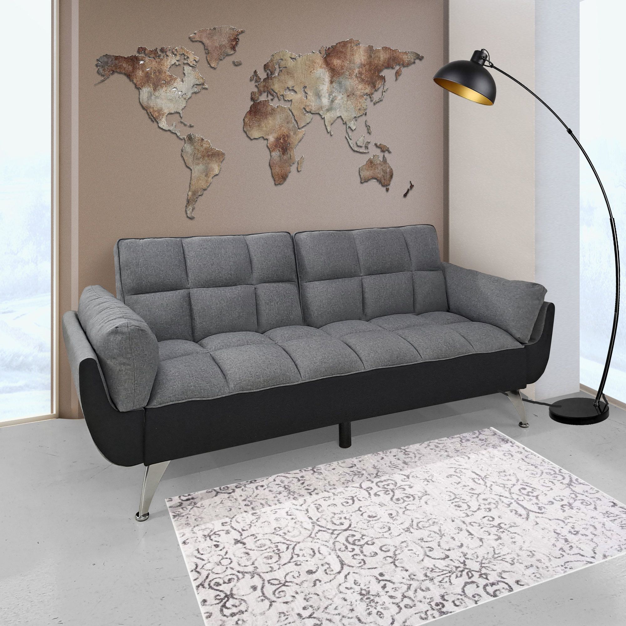 DIVANO LETTO CARLO CM 210 IN TESSUTO GRIGIO CON APERTURA CLIC CLACK