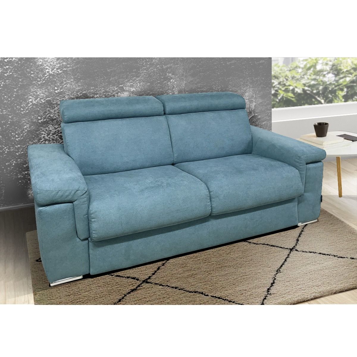 DIVANO LETTO IRIS CM 220 IN TESSUTO ACQUAMARINA CON RETE ELETTROSALDATA
