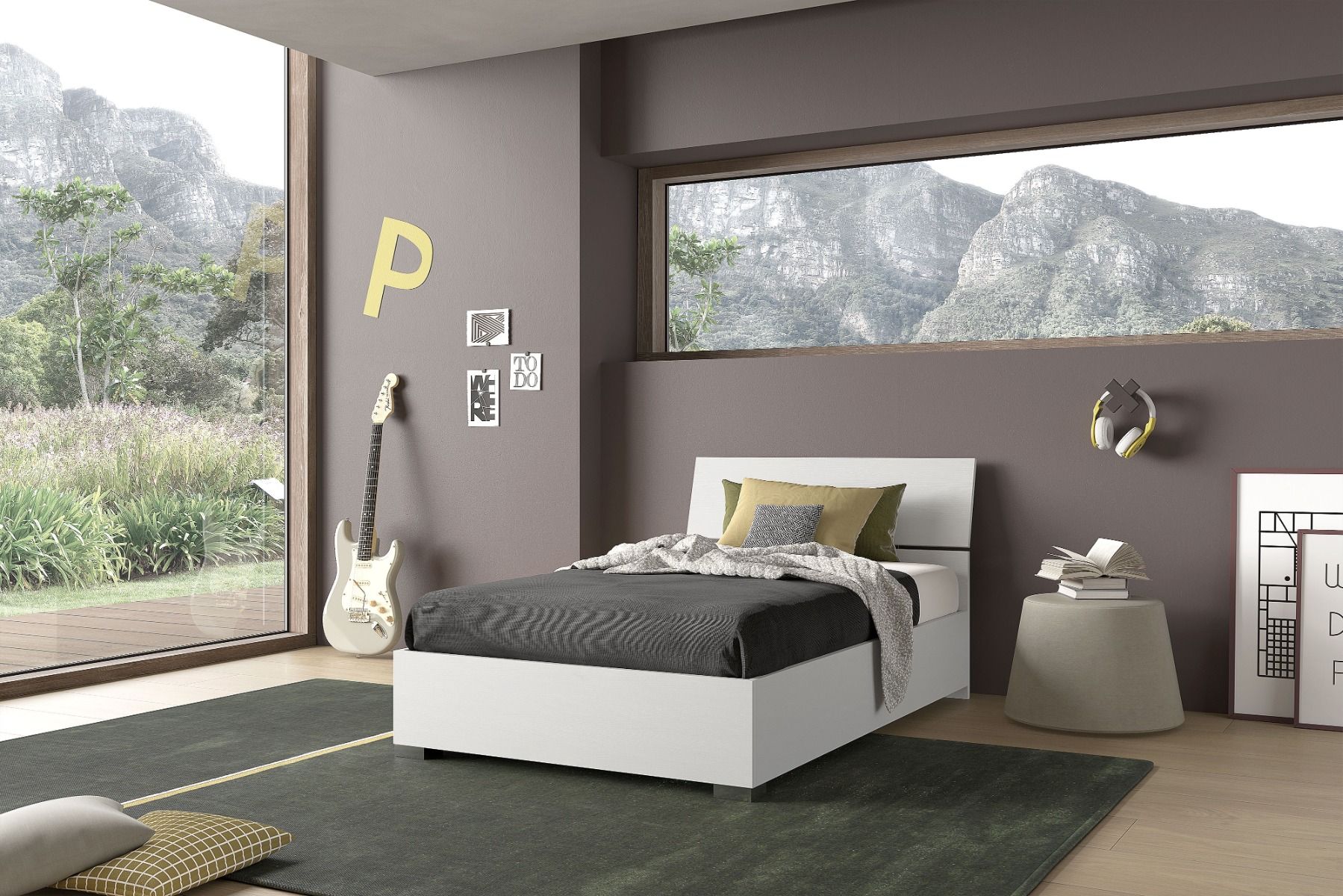 LETTO PIAZZA E MEZZA CONTENITORE BIANCO FRASSINATO