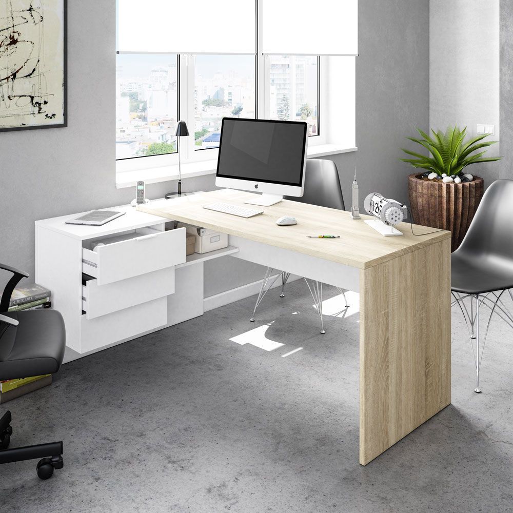 scrivania angolare reversibile a prezzi convenienti in laminato rovere e  bianco opaco