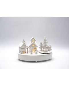 PAESAGGIO LEGNO BIANCO C/CANTORI C/CARILON/LUCE H 15X21.5X11CM