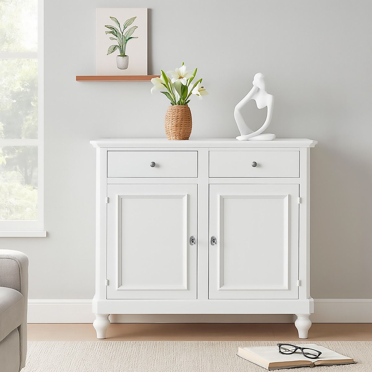 CREDENZA IN LEGNO MASSELLO CM 112X49 H. 98 LACCATO BIANCO PANNA